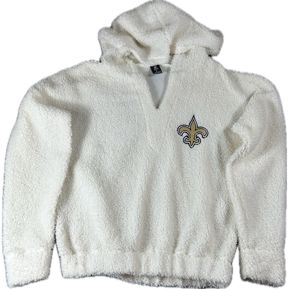 NFL Team Apparel New Orleans Saints Womens Sherpa Fleece Hoodie Cream White S